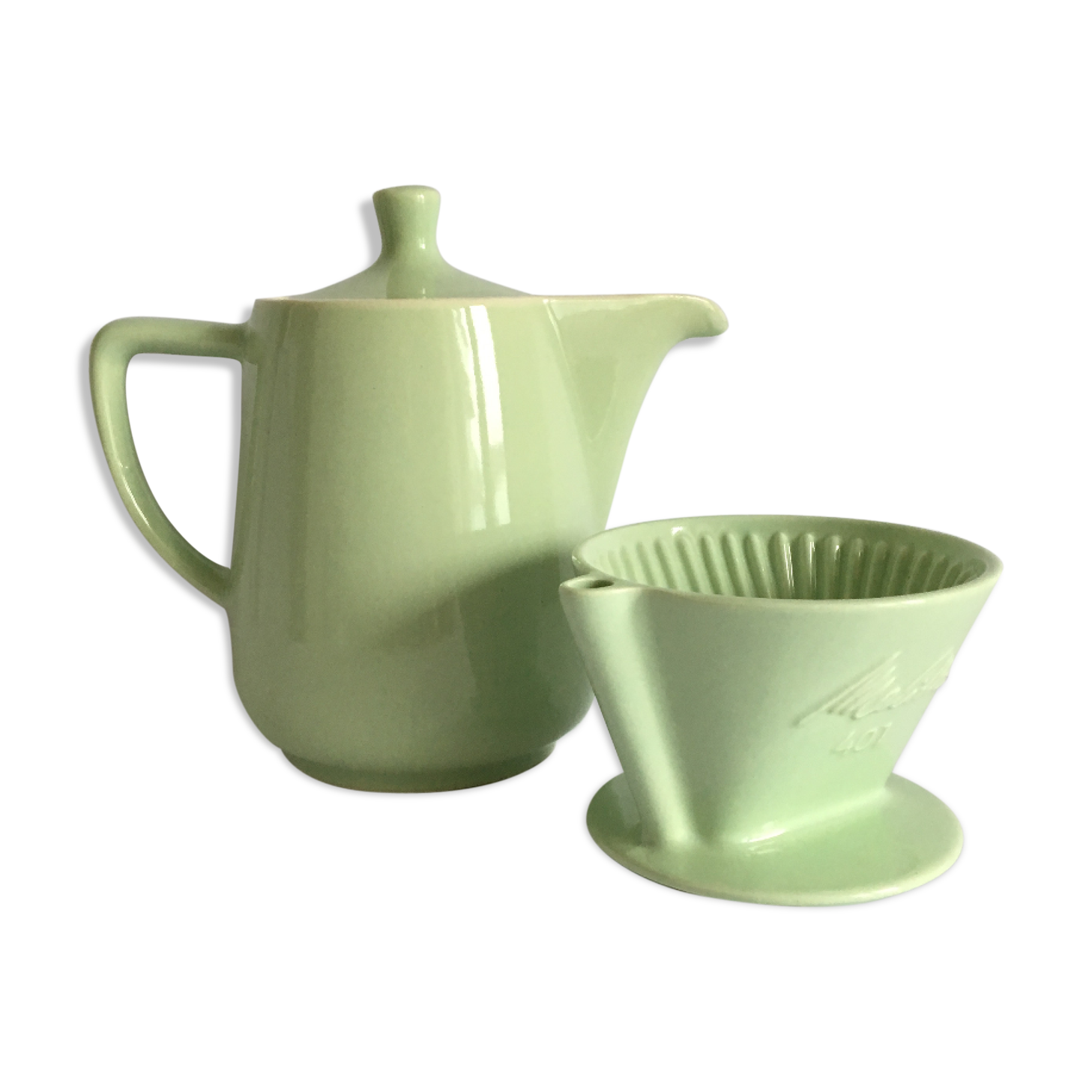 Melitta ceramic coffeepot & filter, 1960