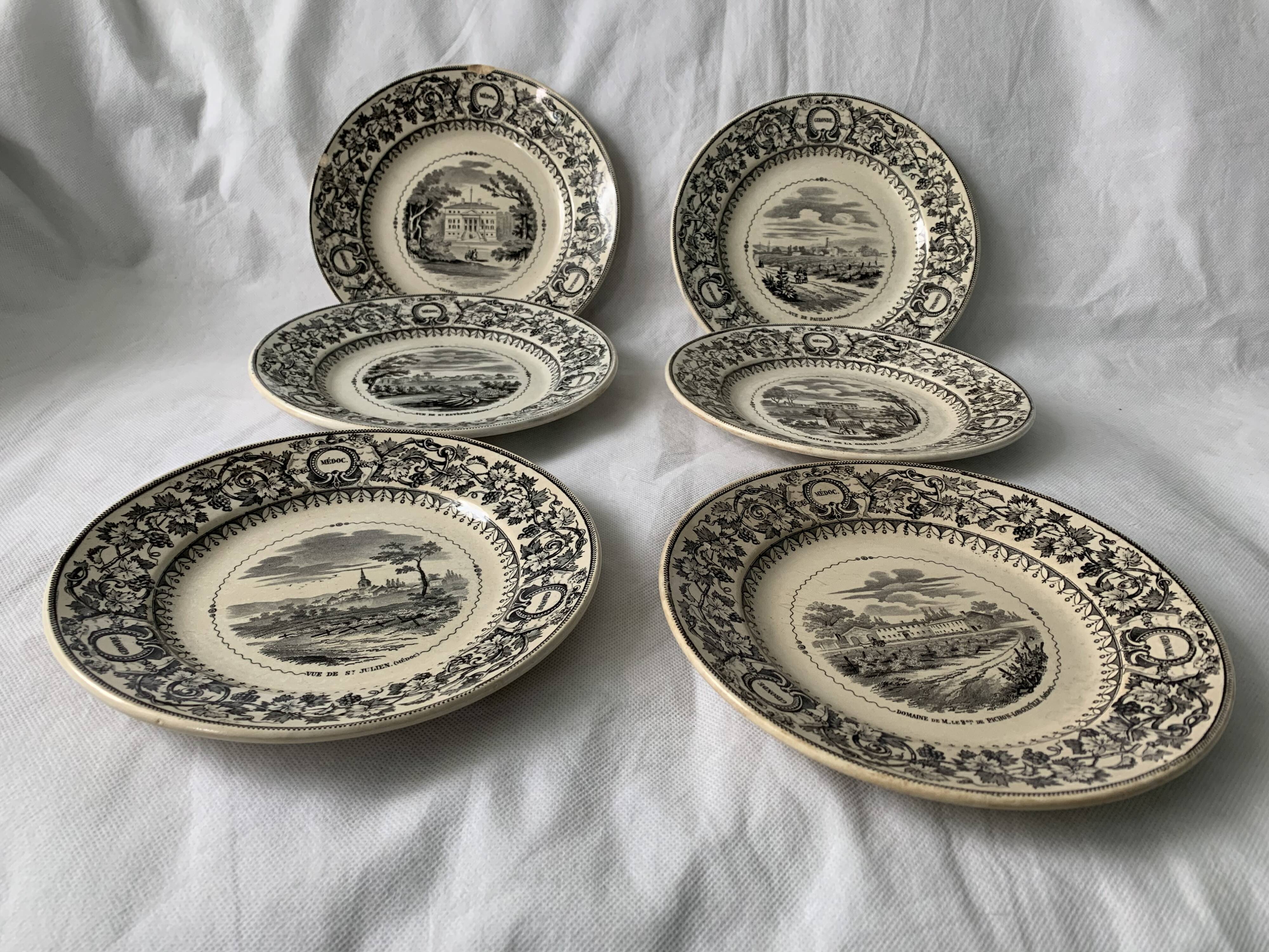 6 old dessert plates Old and Johnston Bordeaux 19th century Médoc and its castles