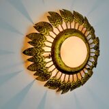 Sun wall lamp by ferro arte, metal and gold leaf and opaline glass, Spain, 1960