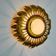 Sun wall lamp by ferro arte, metal and gold leaf and opaline glass, Spain, 1960