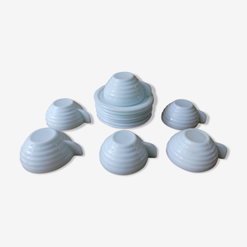 Set of 6 cups and under cups art Deco in light blue opaline