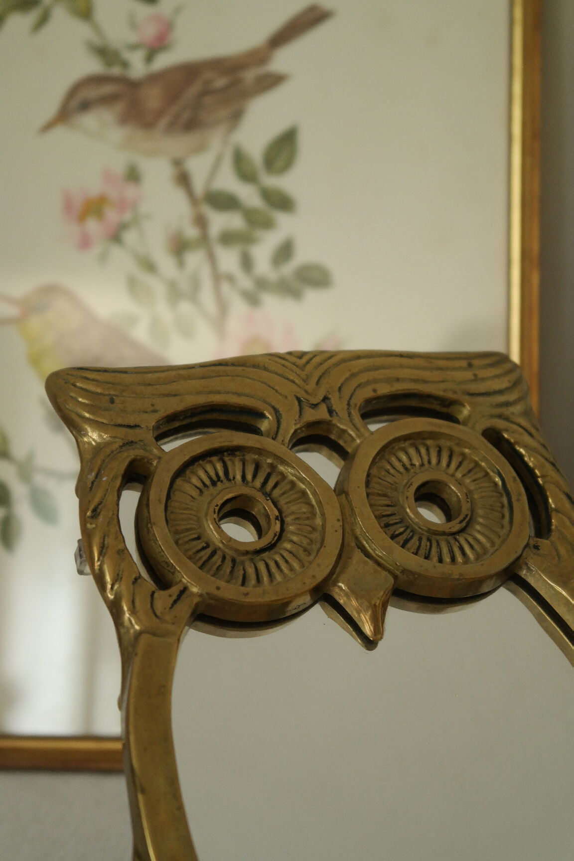 Vintage brass owl table mirror