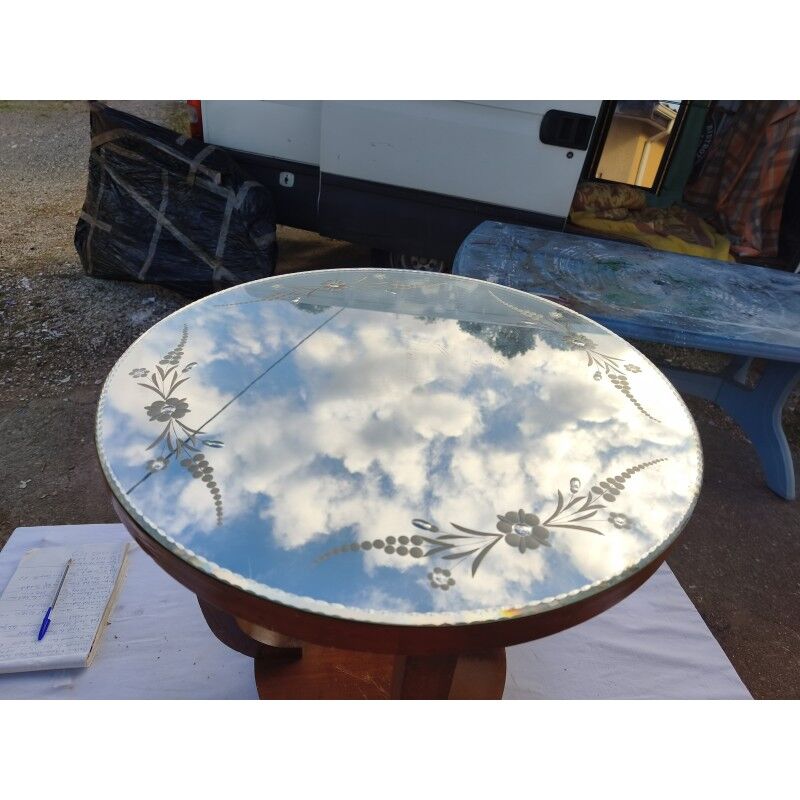 Art Deco walnut table with a mirror top.