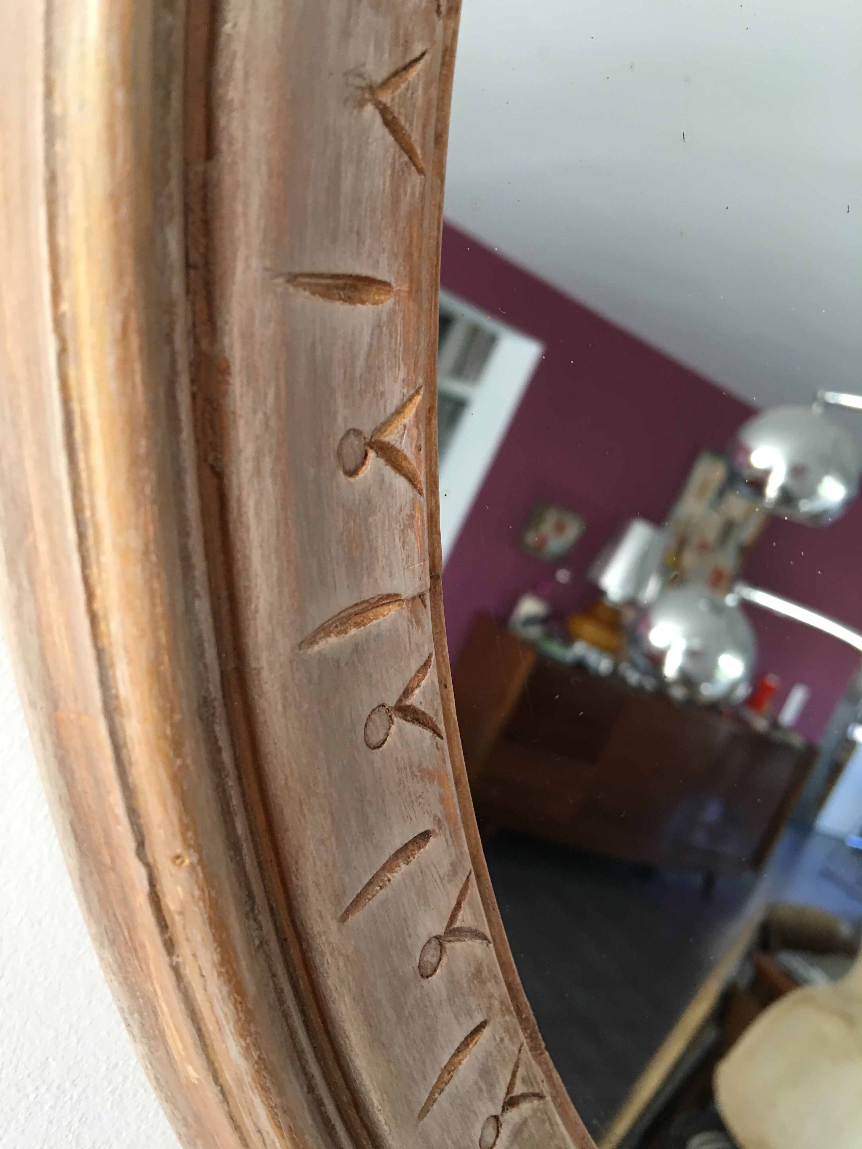 Large round mirror frame patinated wood 70 cm