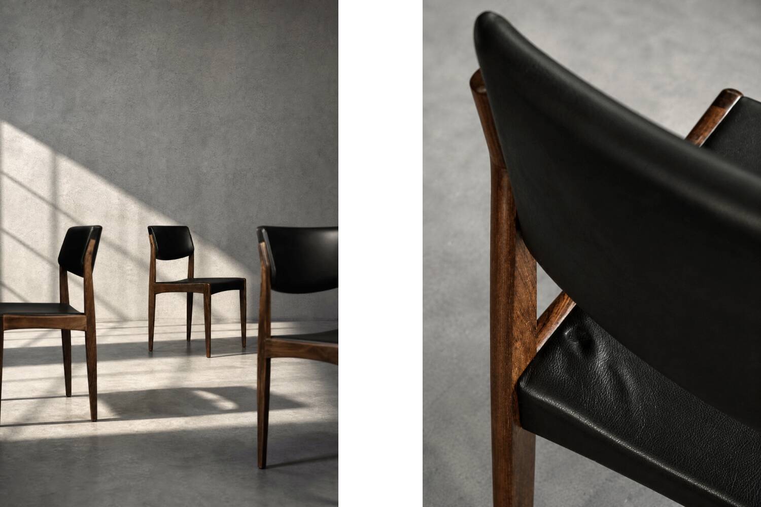 Set of 3 Vintage Mid-Century Danish Modern Rosewood & Black Leather Chairs