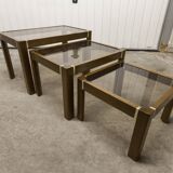 Set of 3 elm and smoked glass nesting tables 1970