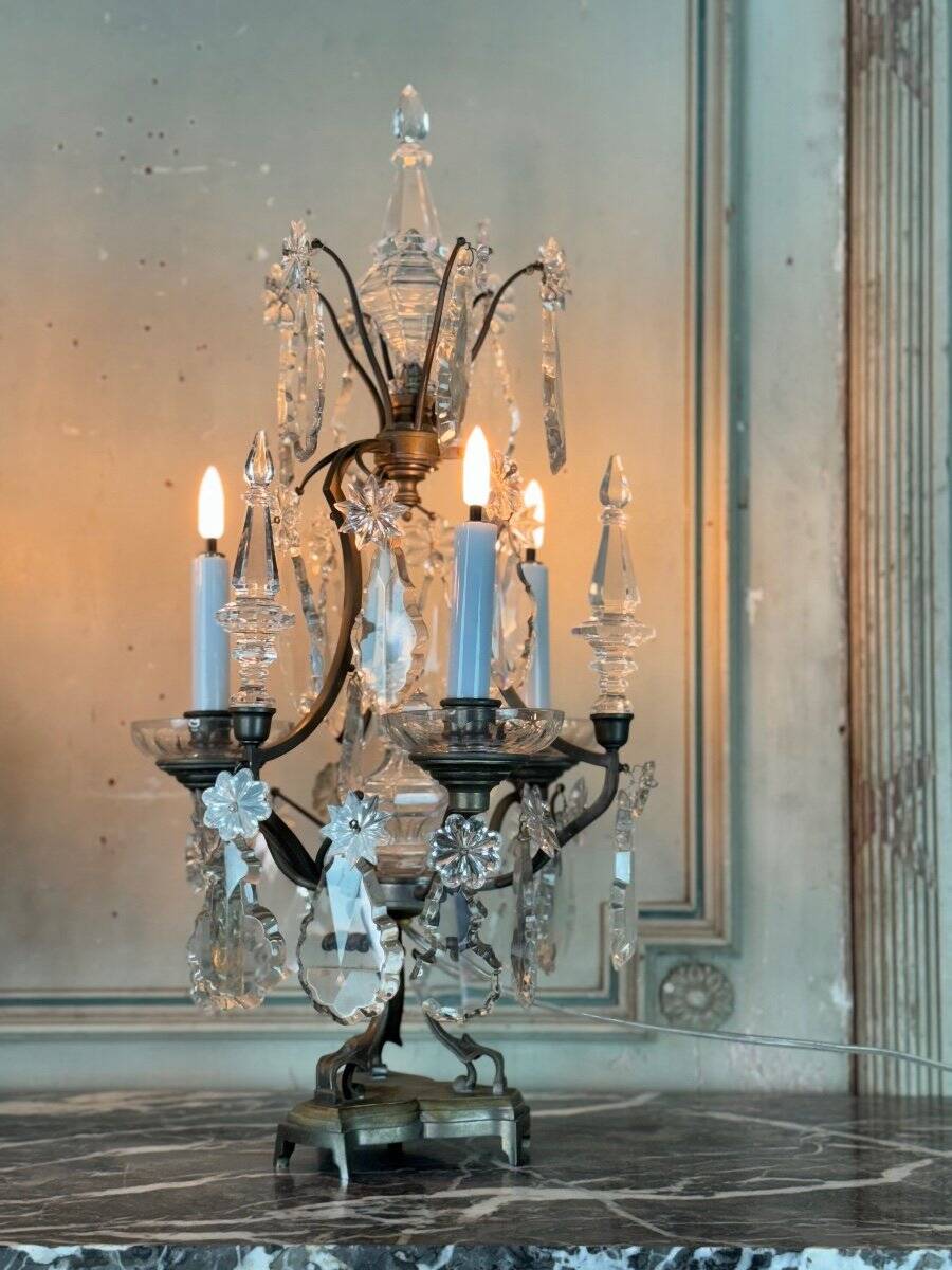 Pair of bronze and cut crystal girandoles circa 1900