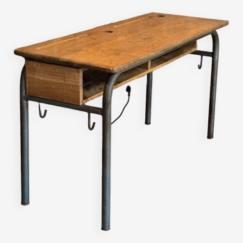 Table d'école double 1960 en chêne et acier