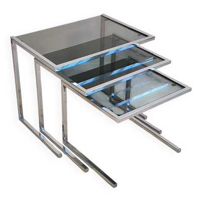 3 tables gigognes vintage en chrome et verre fumé style Roche Bobois