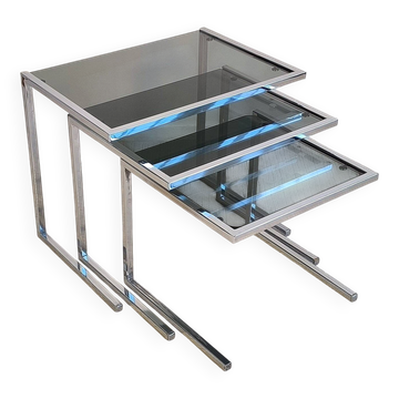 Set of 3 vintage nesting tables in chrome and smoked glass, Roche Bobois style.