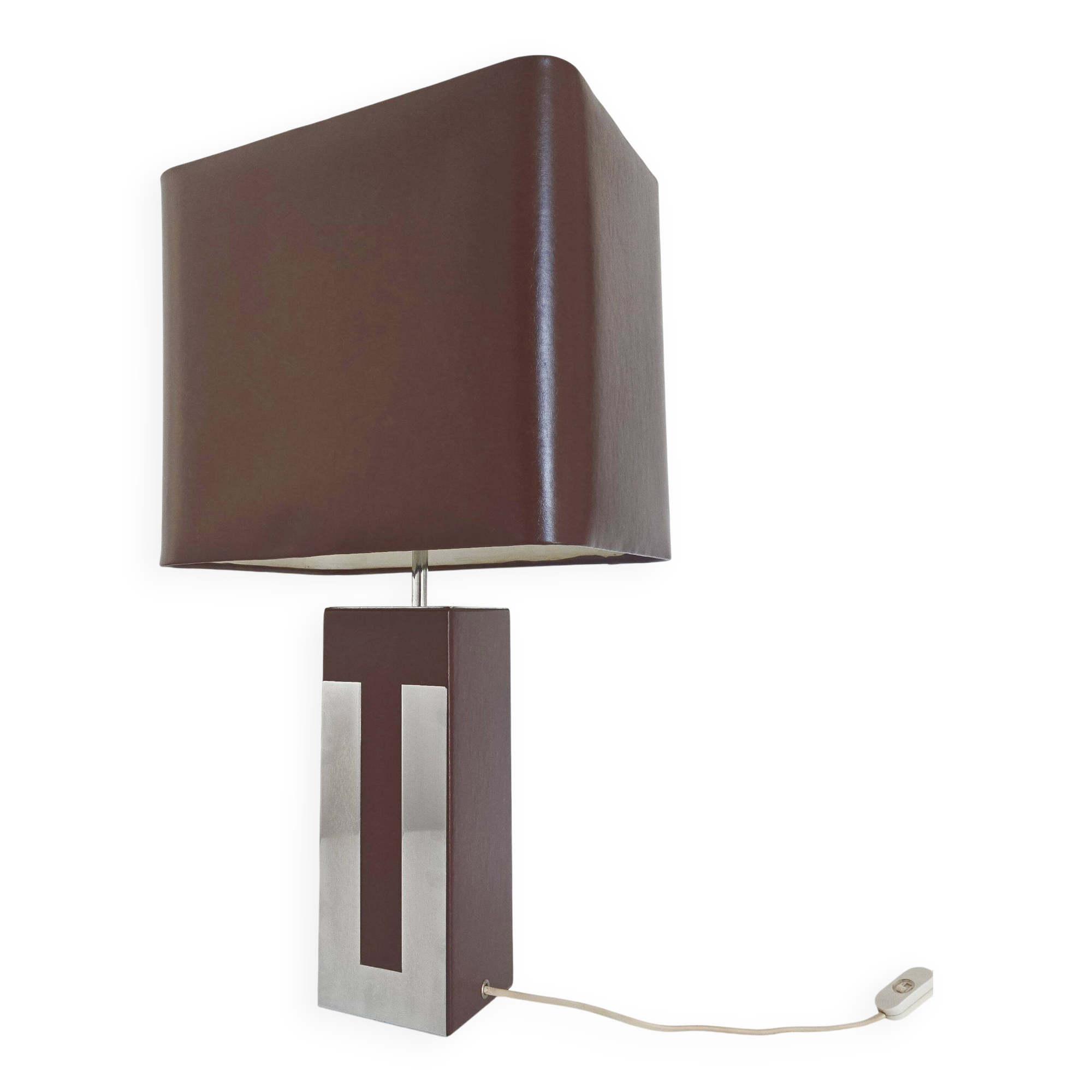 Lampe en métal chromé et simili-cuir marron, 1970