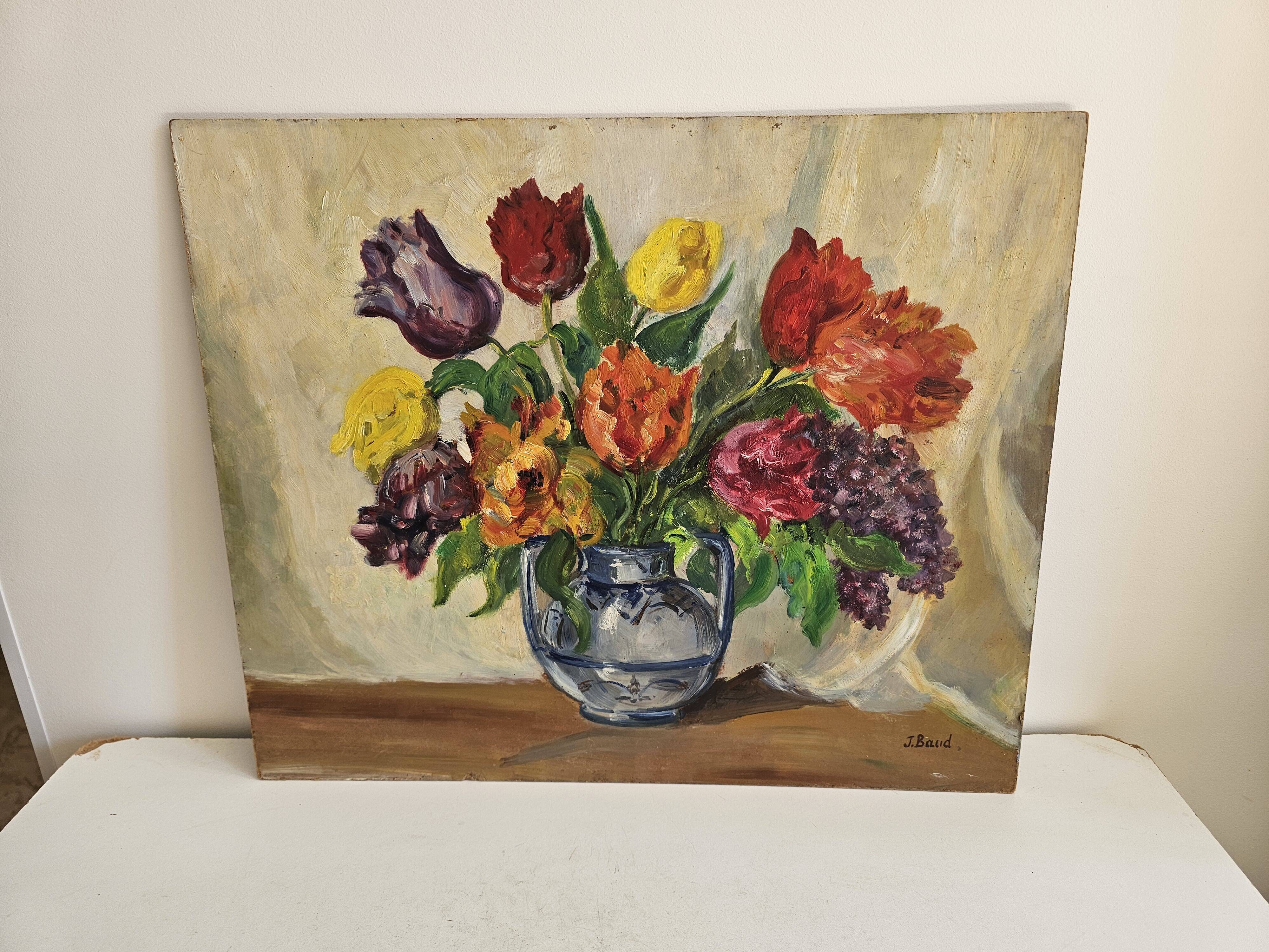 Oil Painting on Isorel - Bouquet of Tulips & Lilacs Signed J Baud