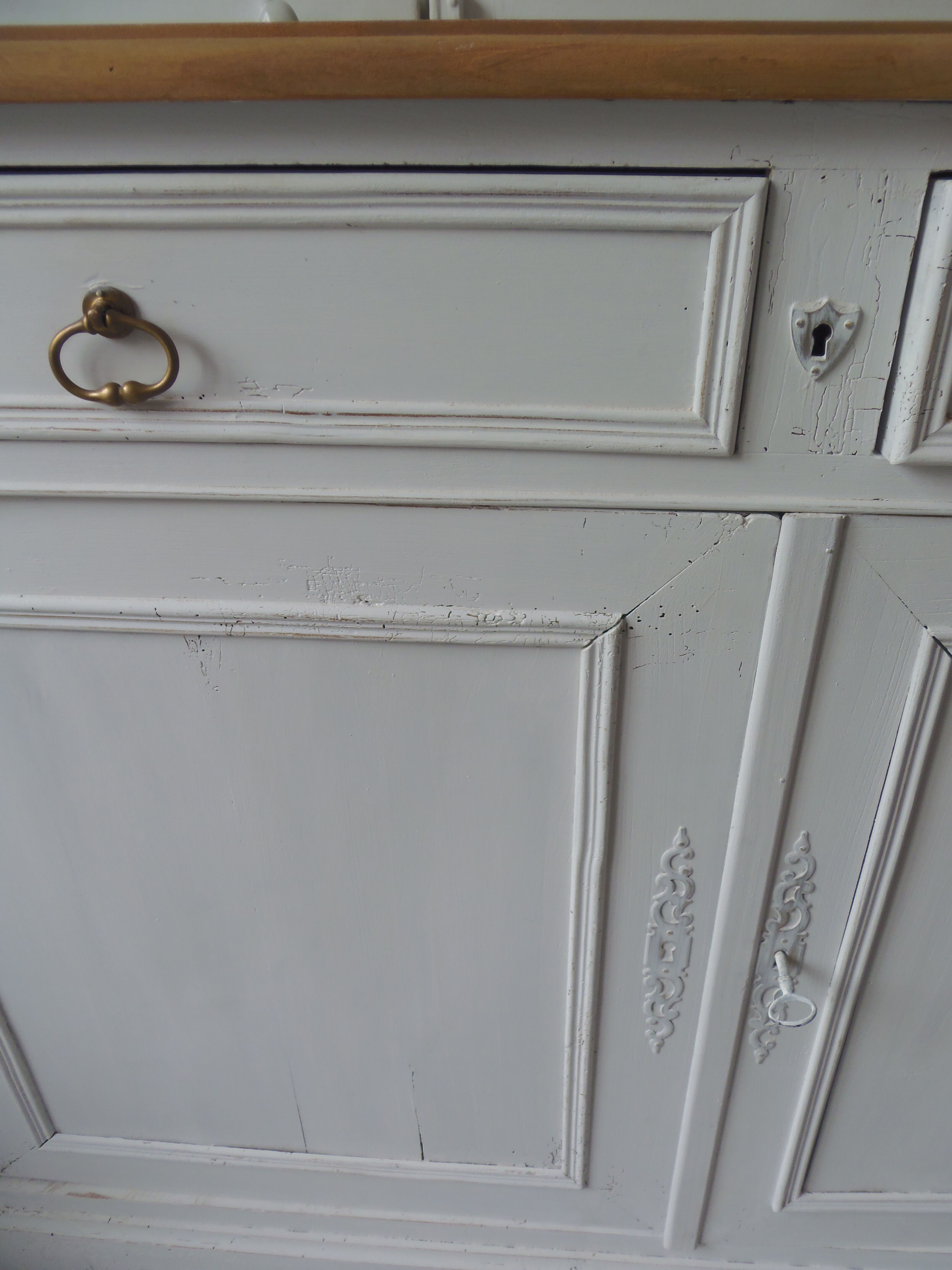 Antique sideboard patinated pearl gray waxed finish, wood top protected by varnish