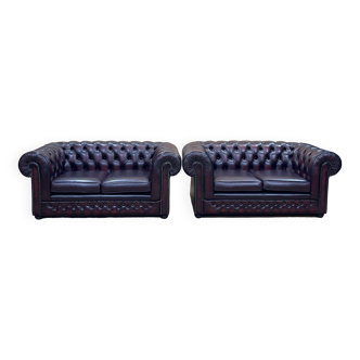 Paire de canapé Chesterfield 2 places en cuir des années 1990 de la marque Thomas LLOYD