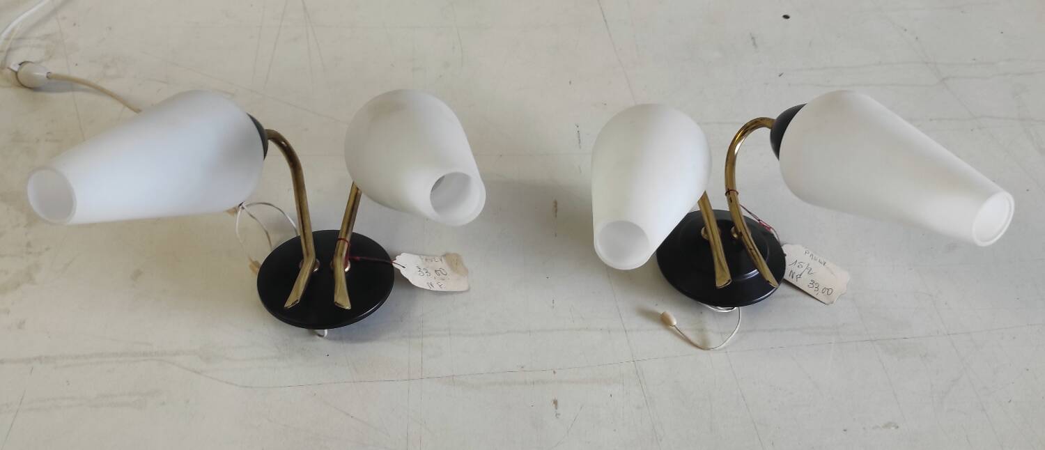 Appliques moderniste double feux métal doré et opaline - années 50/60