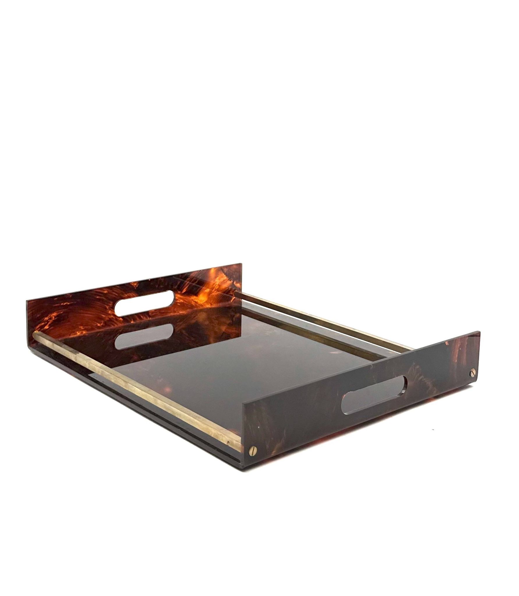 Hollywood regency brass and tortoiseshell lucite tray, Italy 1970s