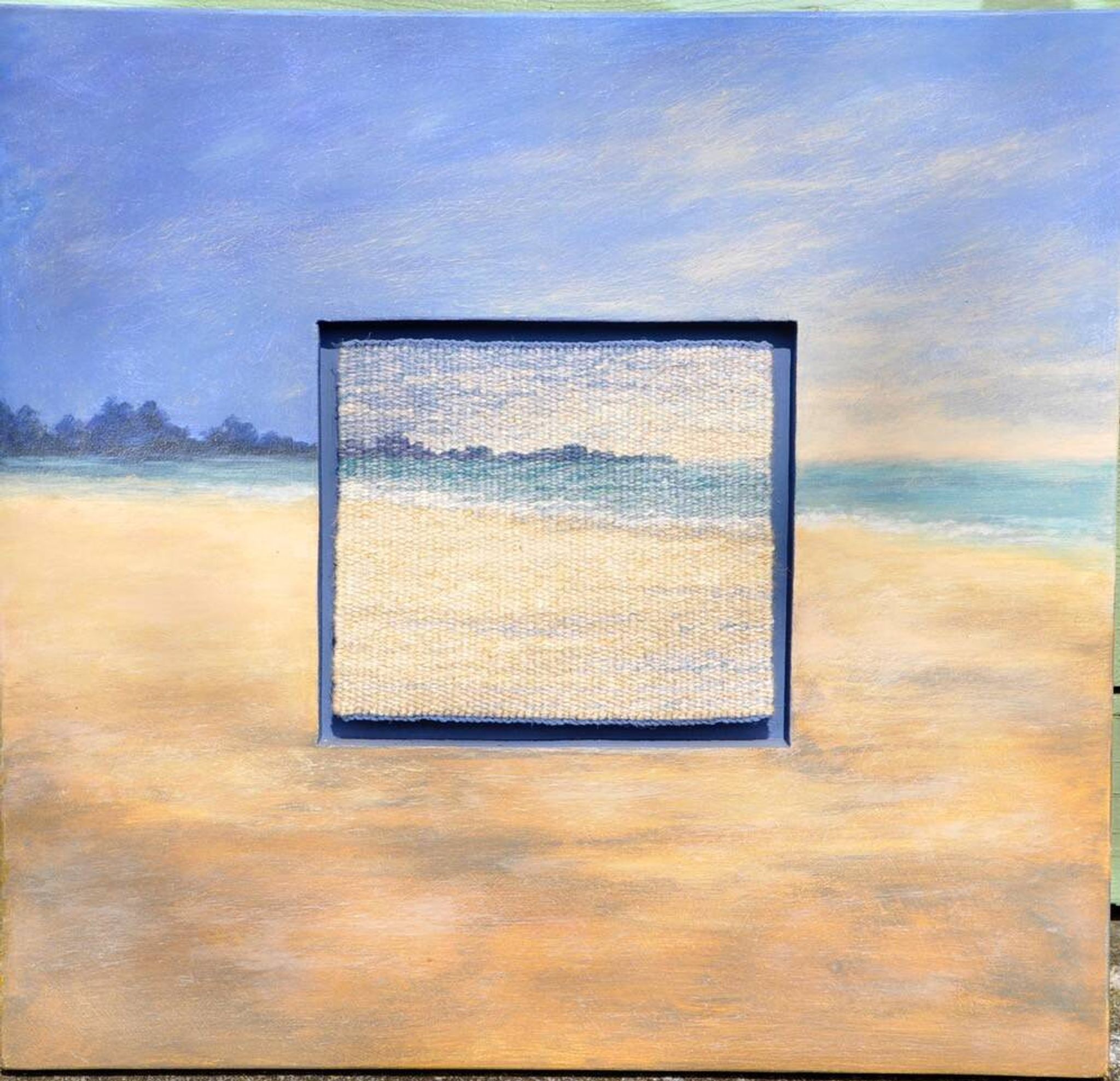 Mixed media painting signed Mireille Veauvy – acrylic and integrated tapestry