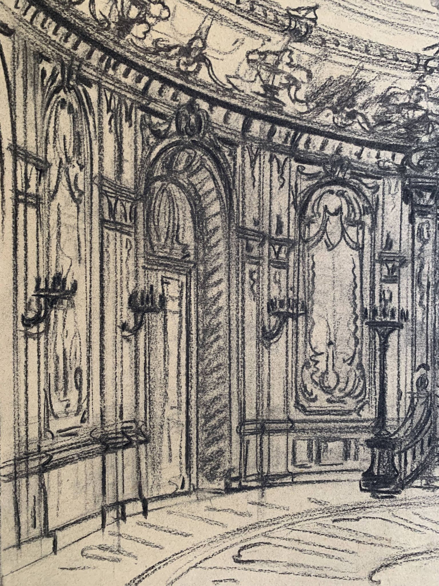 Salon parisien du 19e siècle, grand dessin original encadré