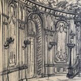 19th century Parisian salon, large original framed drawing