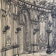 Salon parisien du 19e siècle, grand dessin original encadré