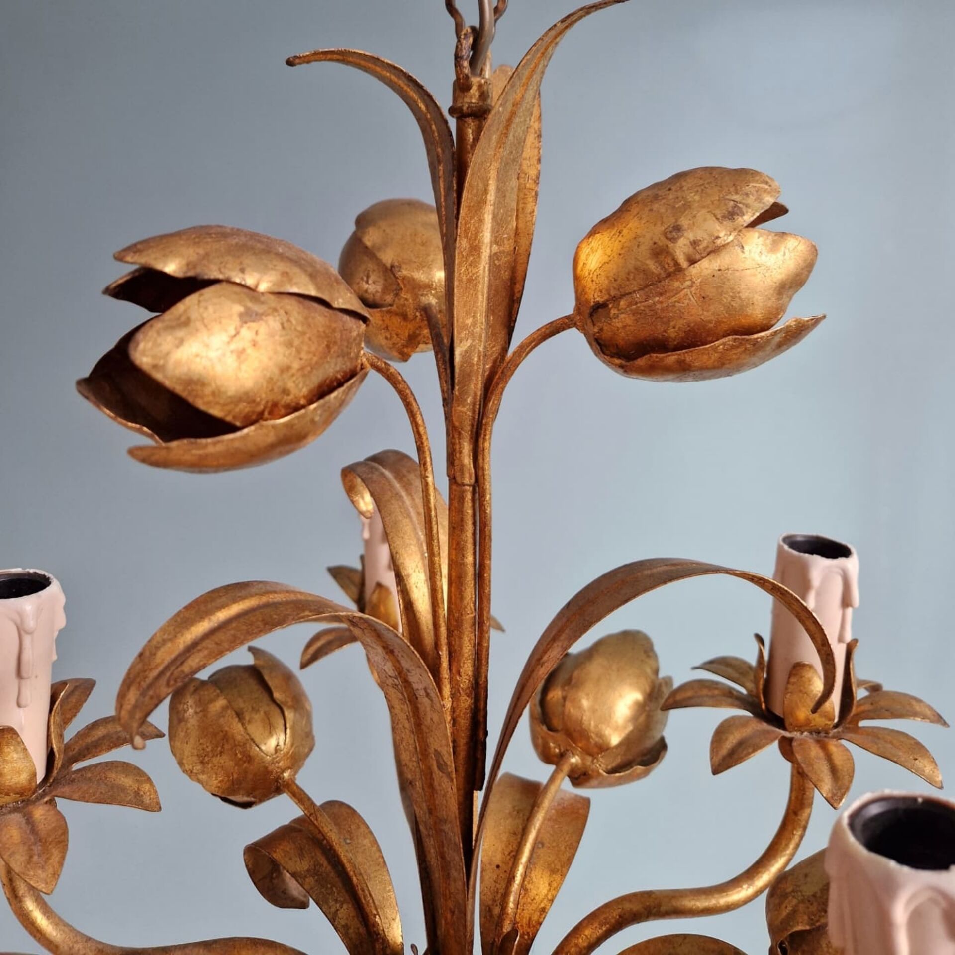 Lustre italien en métal doré, 5 points lumineux, 1970
