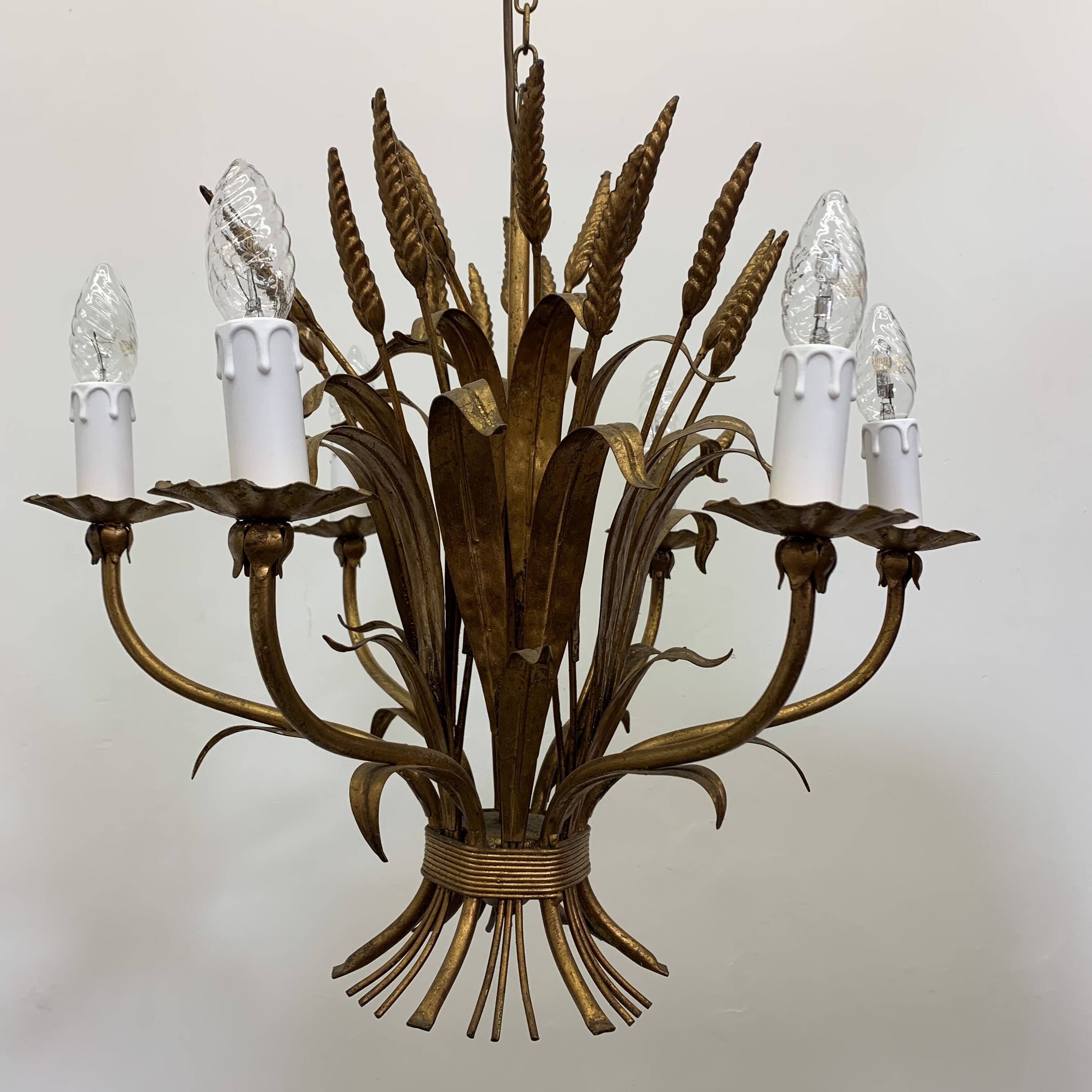 Large wheat sheaf leaf gold gilt chandelier, 1960’s