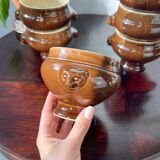 6 Emile Henry two-tone brown and cream vintage ceramic Lion Head Bowls Made in France