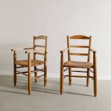 Vintage French Mid Century Wooden Armchairs in Elm & Rattan, 1950s