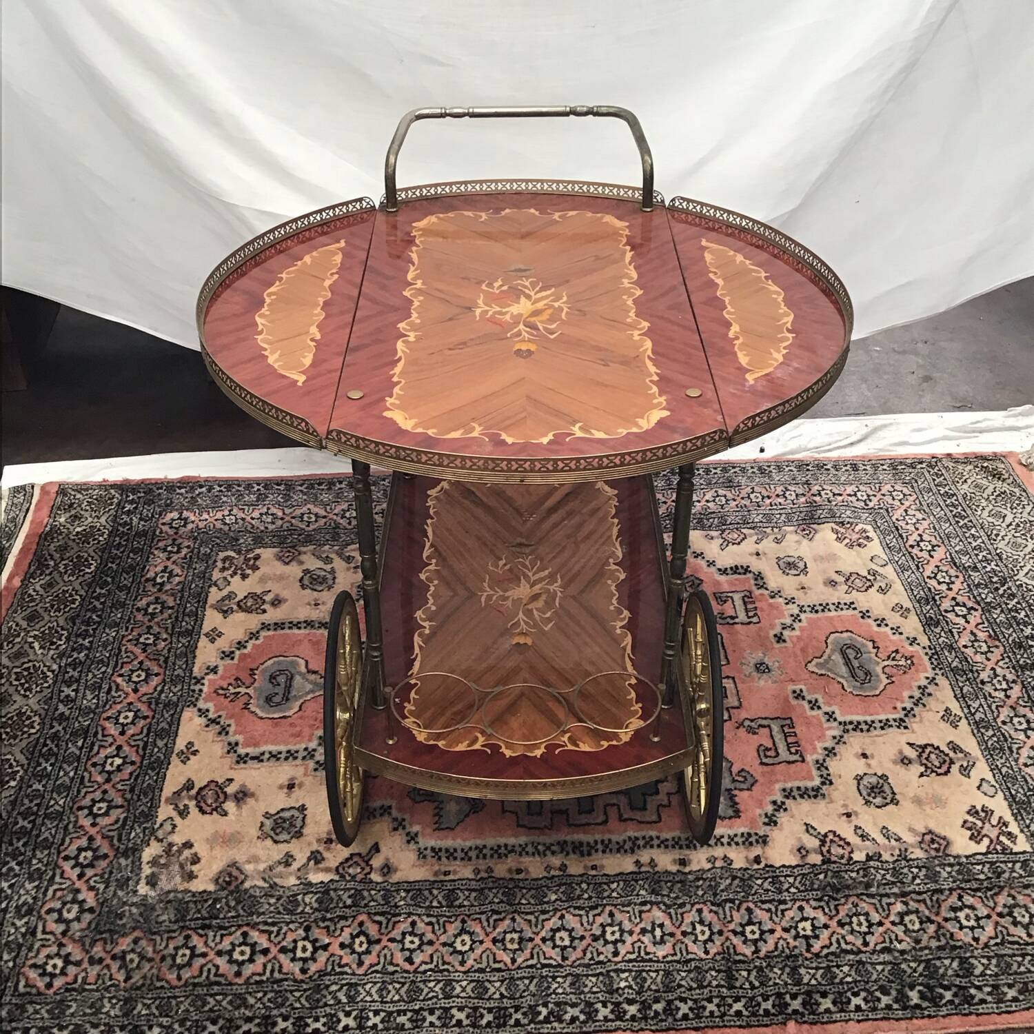 1960s marquetry bar cart on wheels