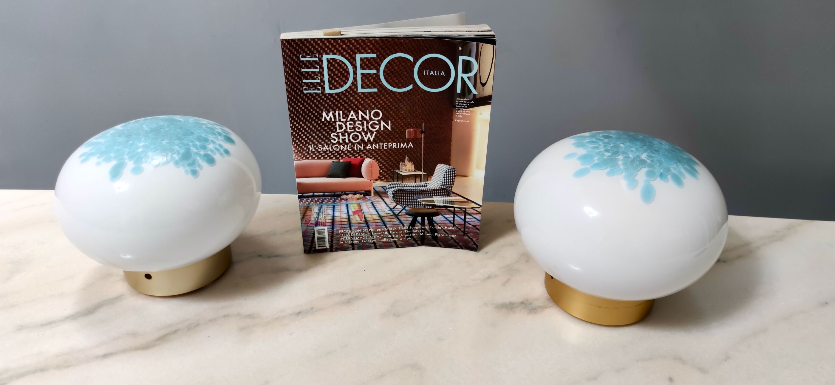 Pair of Postmodern White and Light Blue Murano Glass Table Lamps, Italy