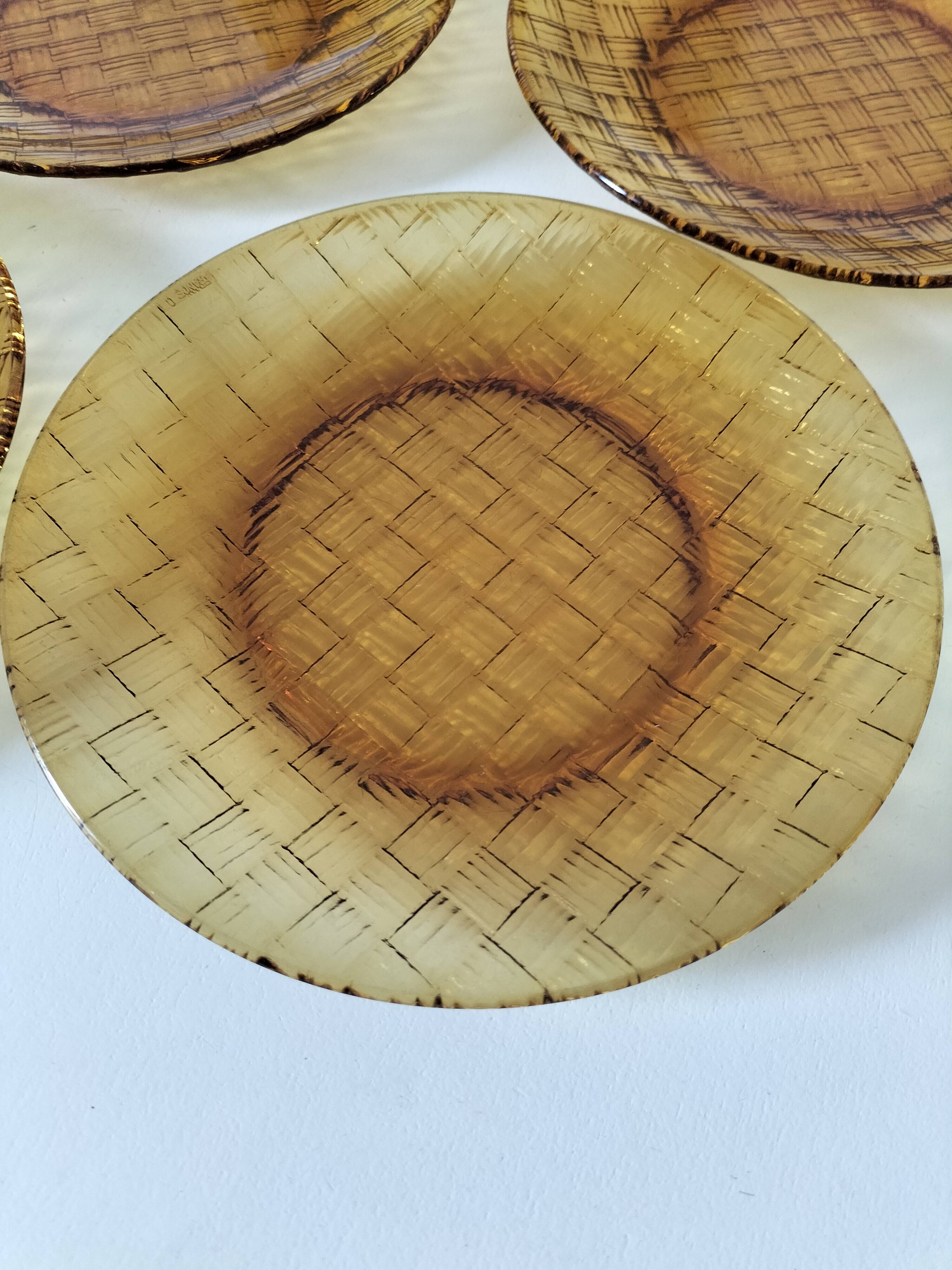5 vintage pressed glass dessert plates with woven decoration