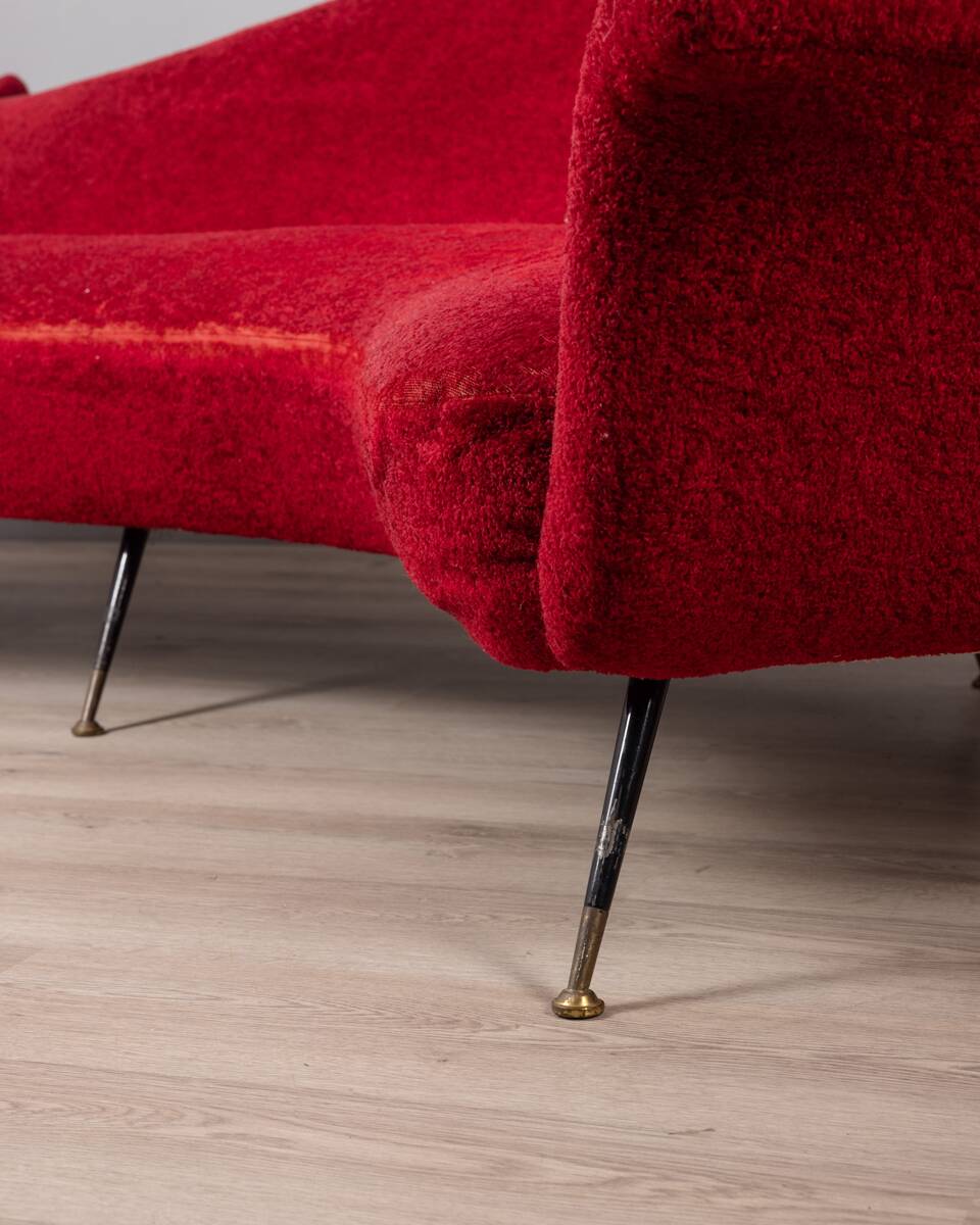 Large 1950s vintage curved sofa in red velvet italian design