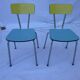 Two chairs and a yellow and blue stool in formica