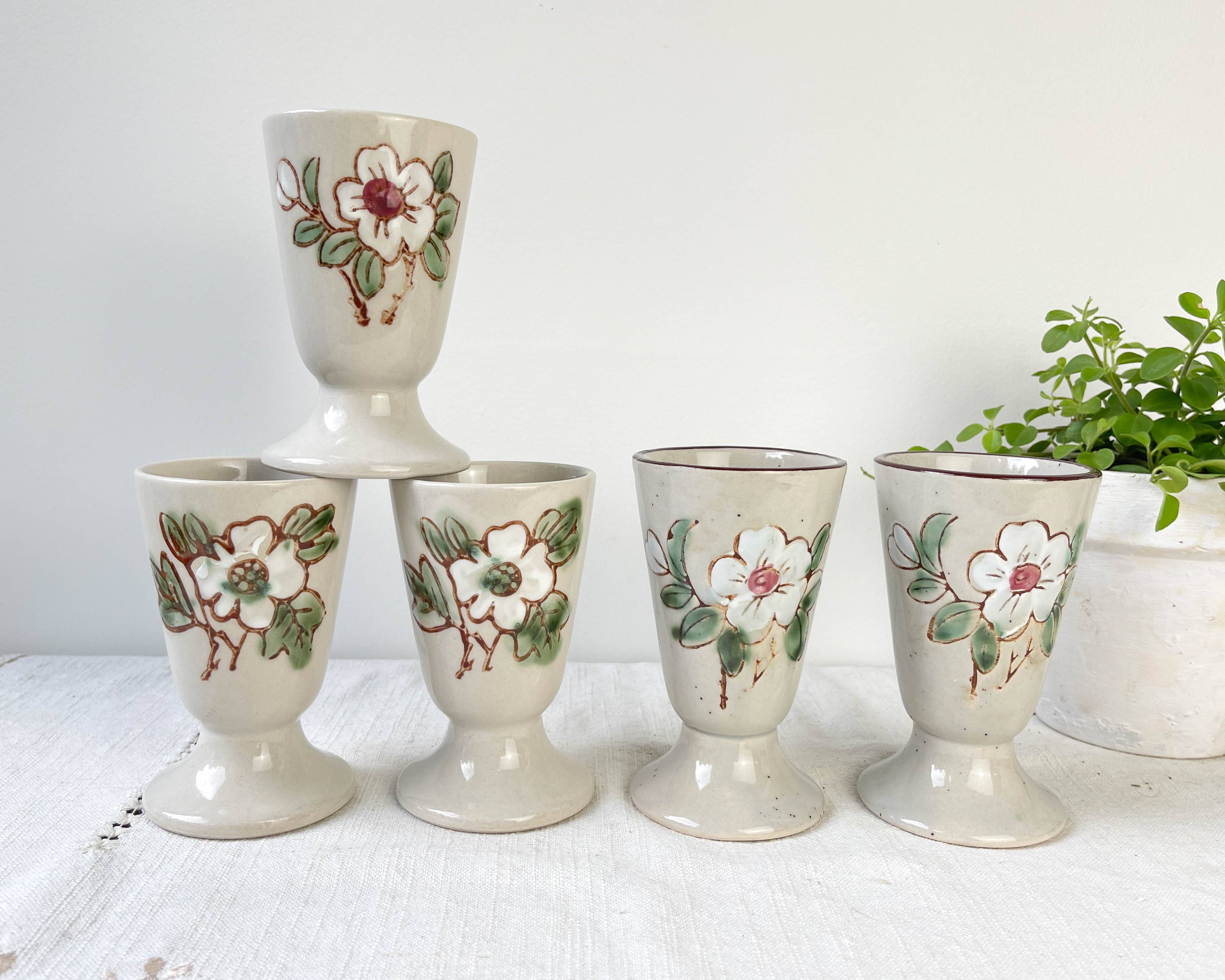 5 vintage stoneware Mazagrans with floral pattern Made in Korea 1980