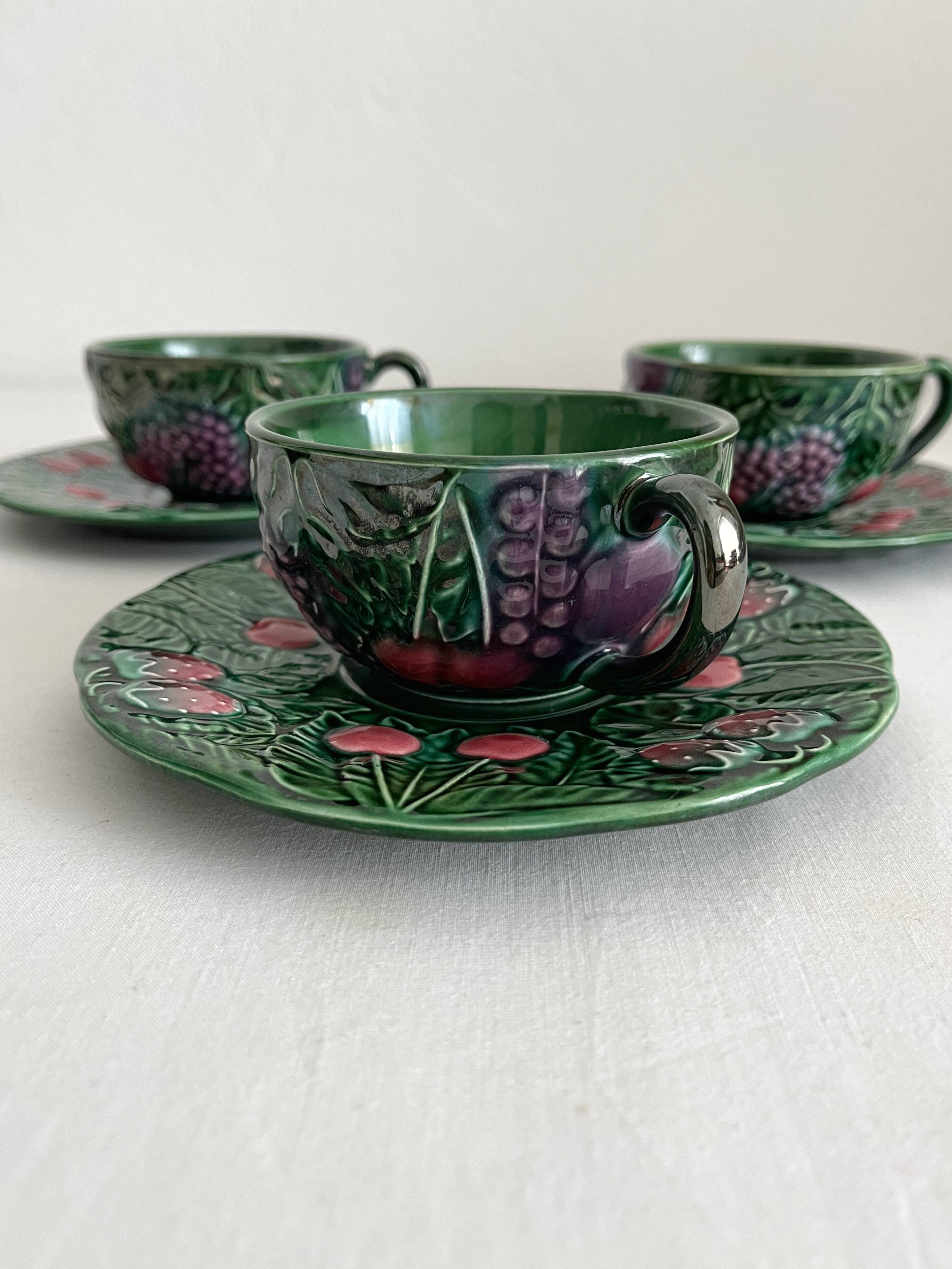 3 earthenware cups and saucers in barbotine fruit decor Salins vintage