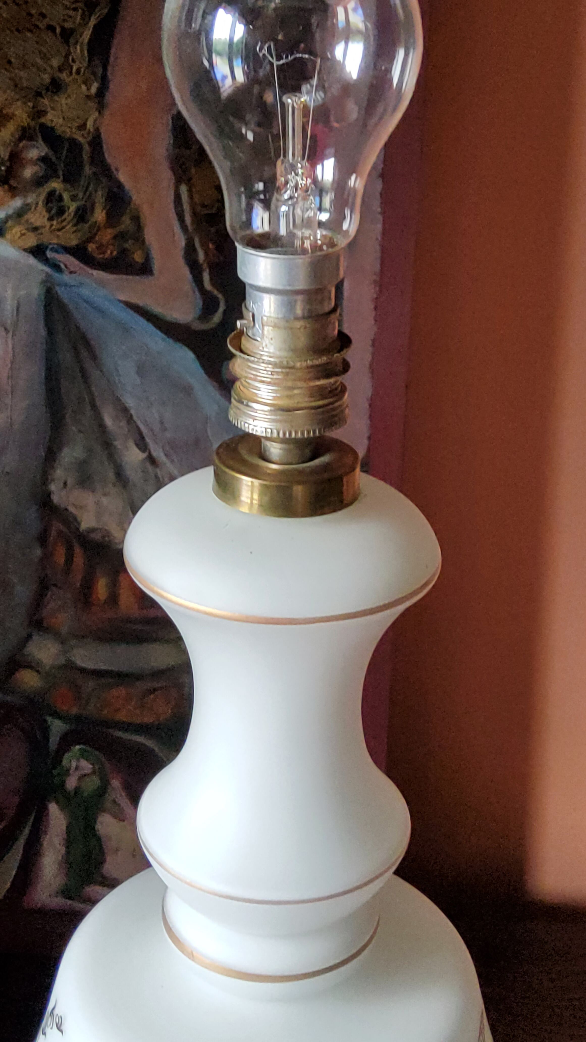 Vintage lamp of the 50s in white and golden opaline glass lampshade in red satin 75cm