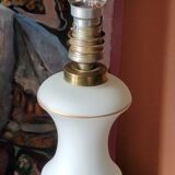 Vintage lamp of the 50s in white and golden opaline glass lampshade in red satin 75cm