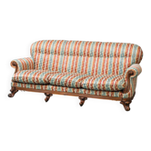 Canapé 3 places vintage en tissu rayé multicolore et bois années 50 moderniste