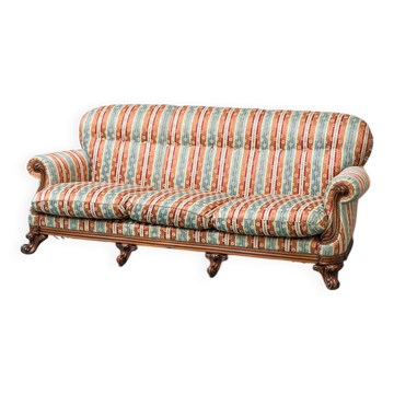 Canapé 3 places vintage en tissu rayé multicolore et bois années 50 moderniste