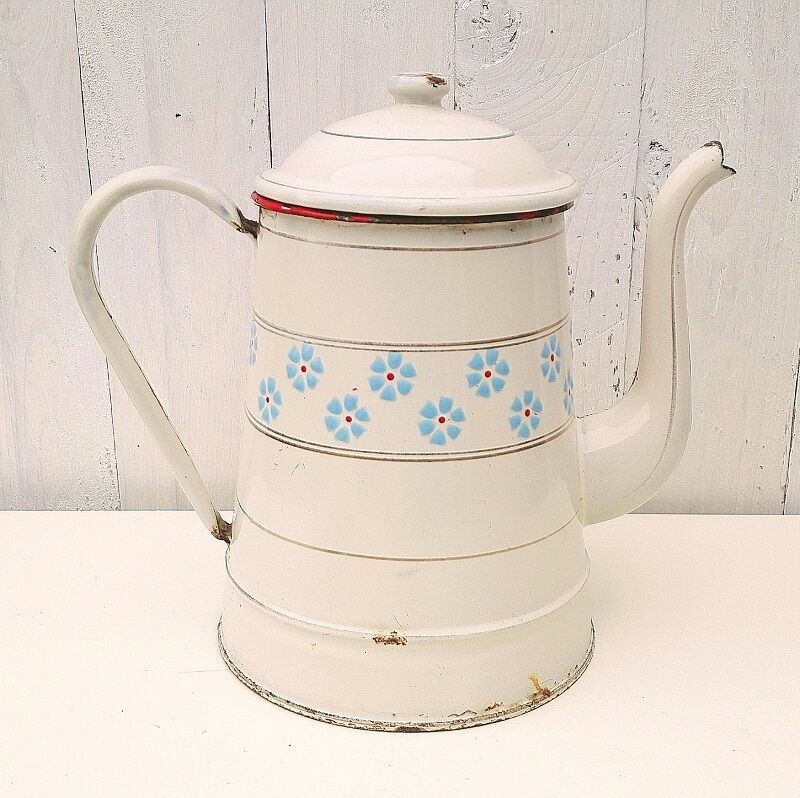 Cafetière émaillée blanche fleurs vintage