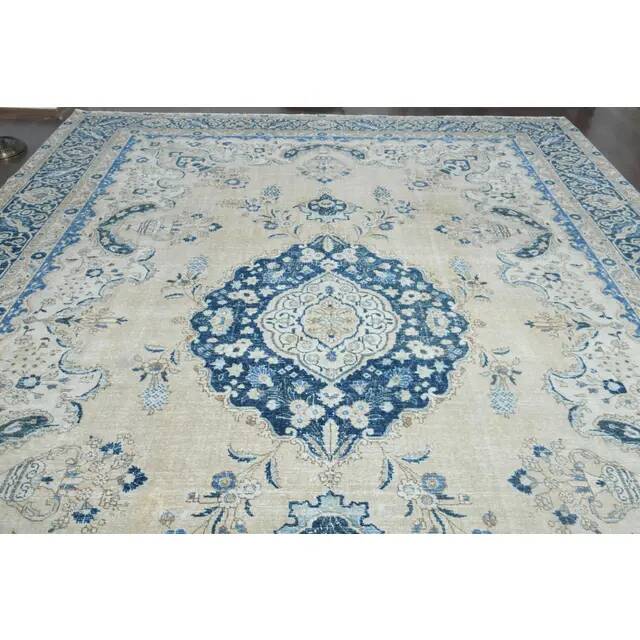 1970s Vintage Persian Handmade Wool Cotton Beige Area Rug 294x398