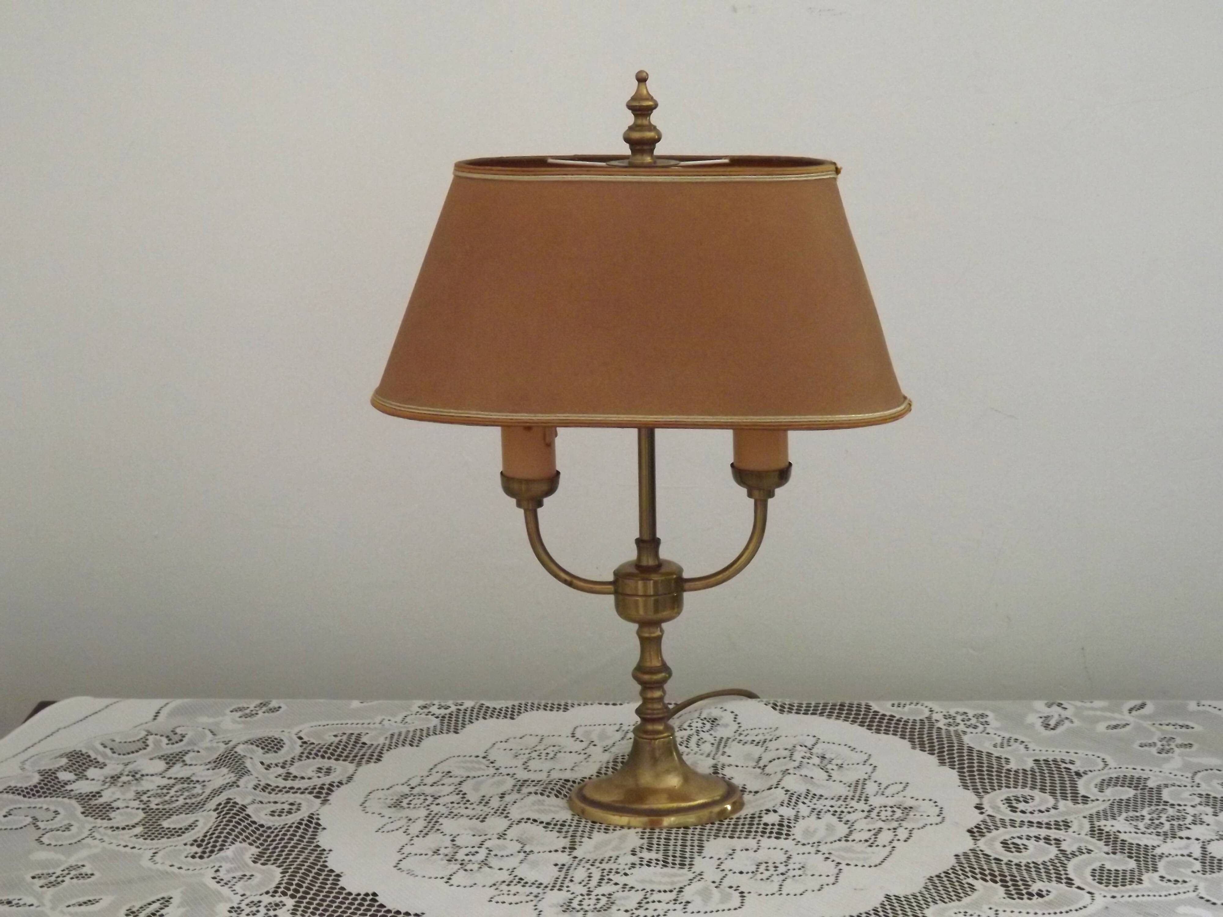 French Mid Century Brass Boulotte 2 Light Table Lamp Brown Shade