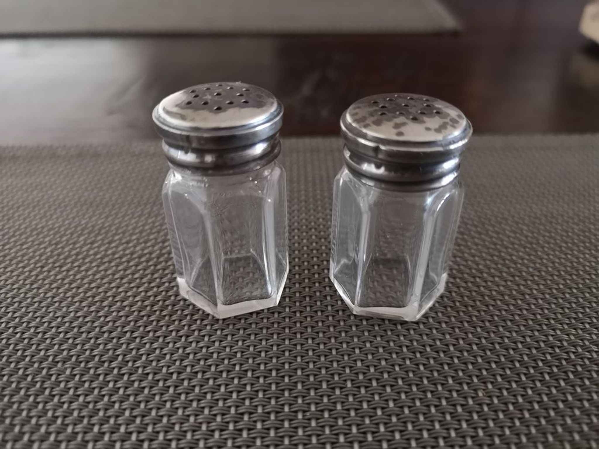 Pair of small crystal and silver metal salt shakers art deco period