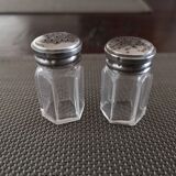 Pair of small crystal and silver metal salt shakers art deco period