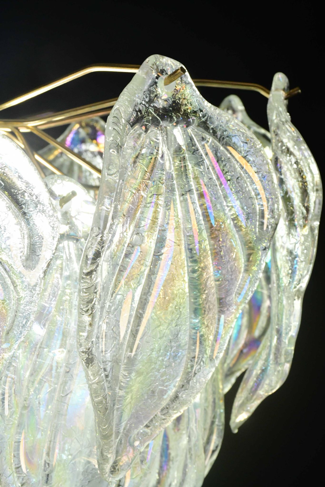 Superbe grand lustre en verre de Murano avec feuilles arc-en-ciel