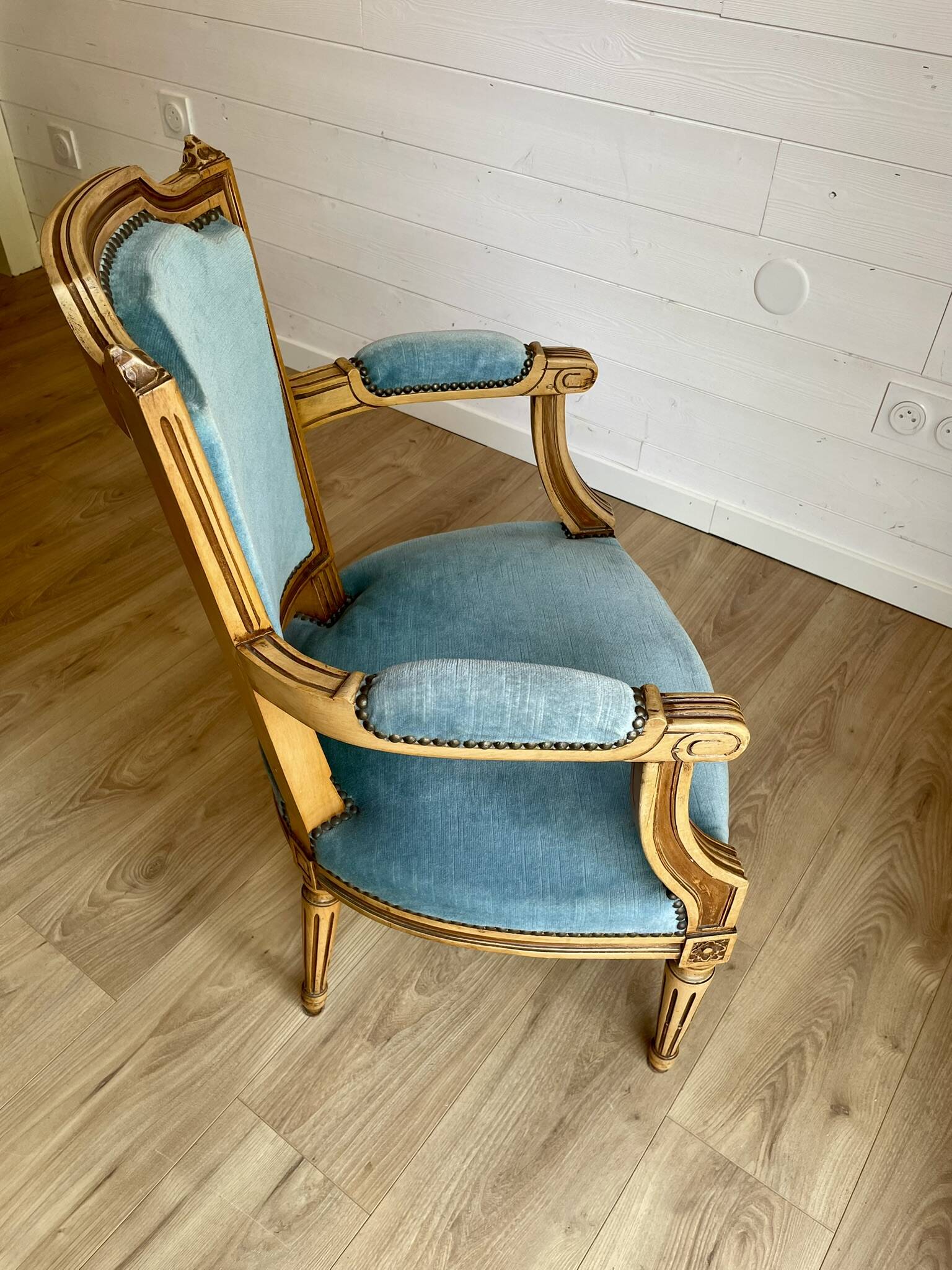 Pair of Louis XVI vintage cabriolet armchairs in duck blue velvet and wood.