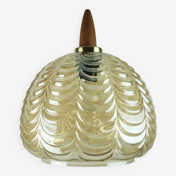 1960's mid century pendant light amber glass brass wood