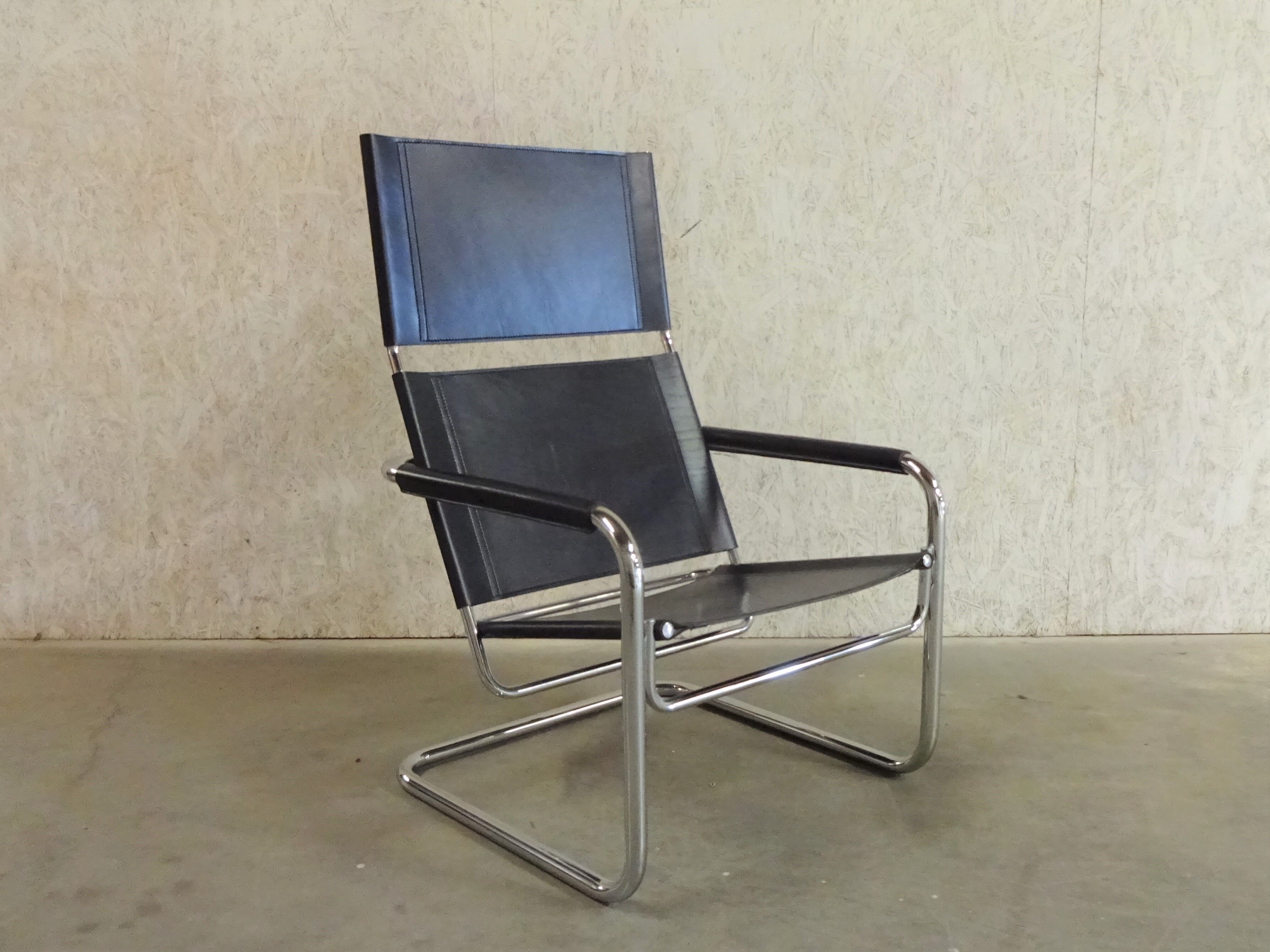 Tubular Lounge Armchair Model Rondo High with black leather by Heinrich Pfalzberger for Ag Wohnbarf