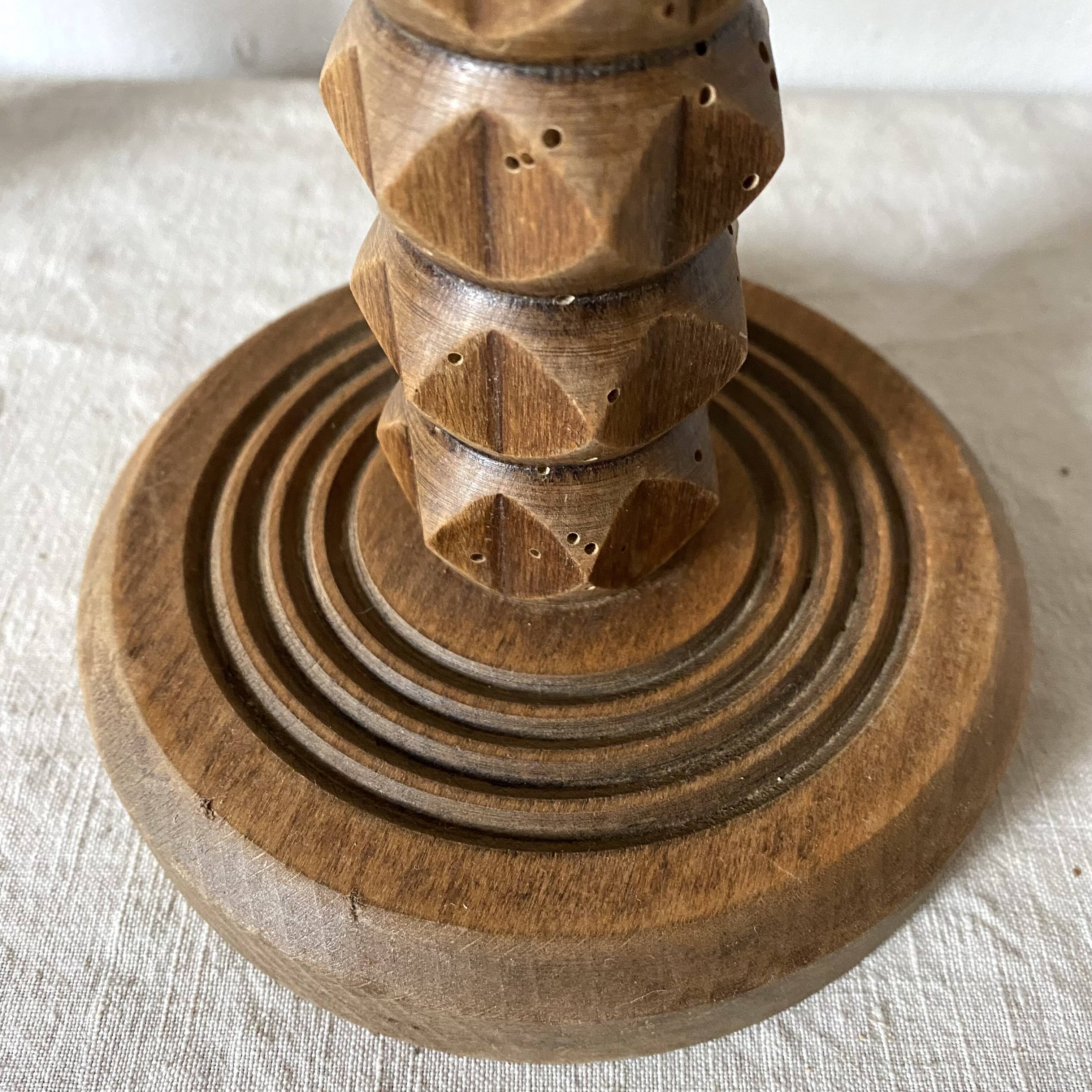 Pair of carved wood and macramé bedside lamps