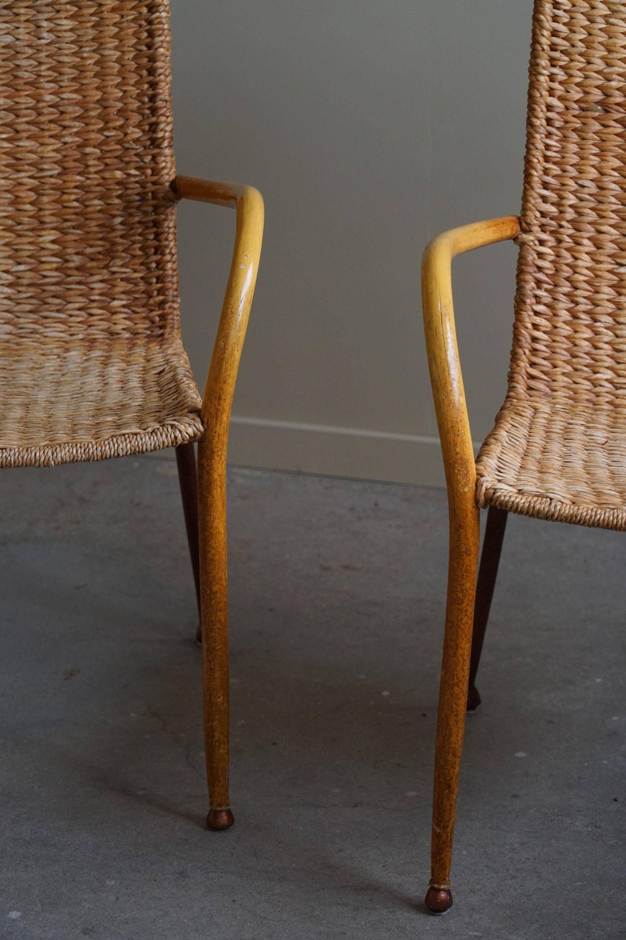 Set of 4 vintage Italian wicker and birch armchairs, mid-century modern, 1950.